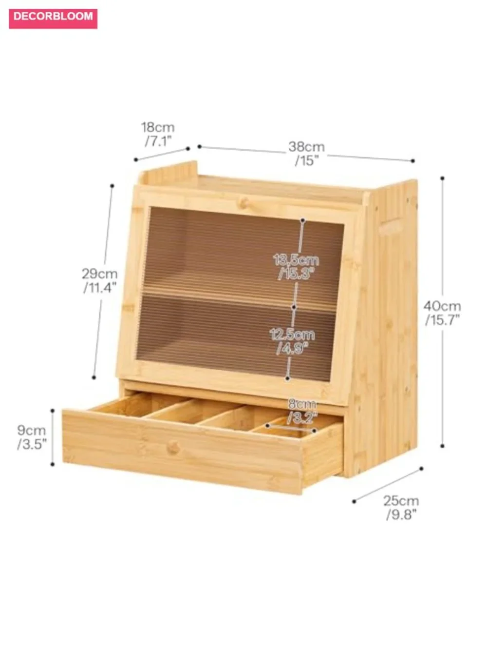 2-Tier Bamboo Bread Box with Acrylic Door and Drawer for Kitchen Countertop